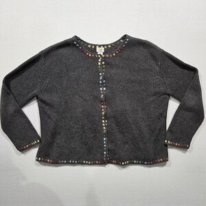 J Jill Cardigan Sweater XSP Petite Embroidered Gray Rainbow‎ Long Sleeve Ramie